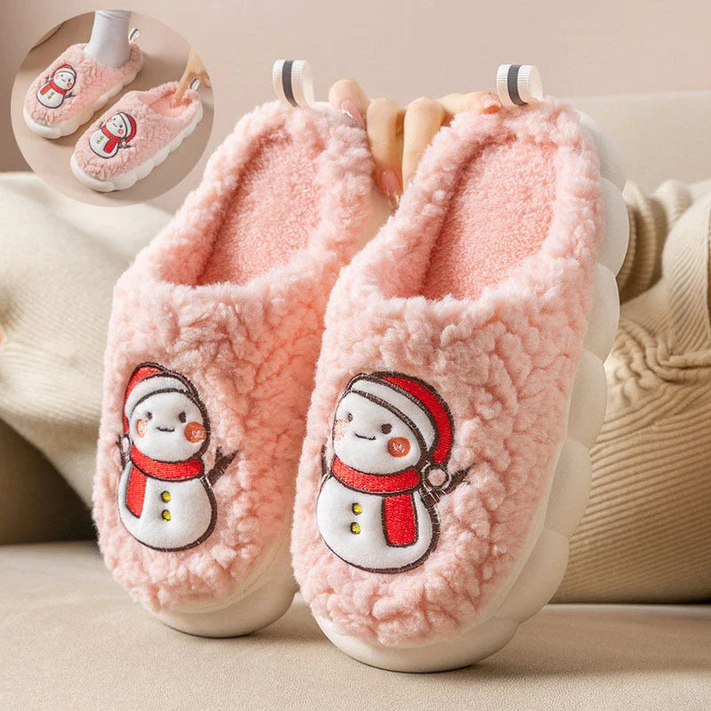 Cozy snowman-themed slippers with plush interior and thick, anti-slip soles for warm, comfortable indoor wear