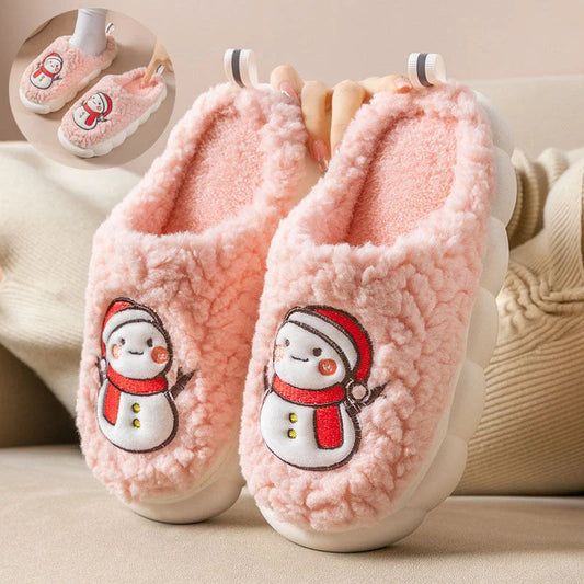 Cozy snowman-themed slippers with plush interior and thick, anti-slip soles for warm, comfortable indoor wear