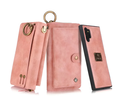 Black PU leather mobile phone wallet case with a zip closure, shown next to cards.