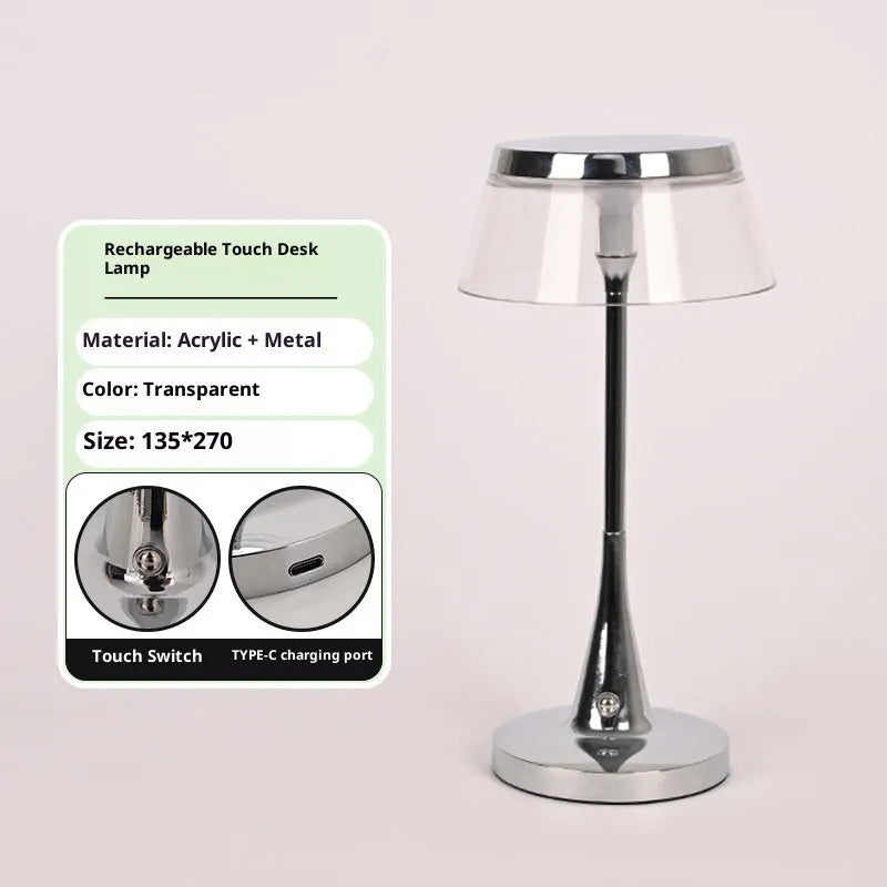 Rechargeable table lamp with aluminium acrylic body, touch dimming, D13.5 x H27cm, in transparent, grey or brown