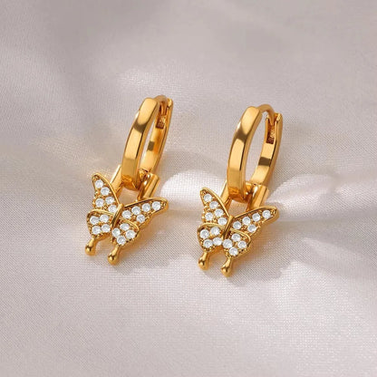 Women's copper geometric butterfly earrings with diamond treatment in heart, bow, and star shapes, multiple colour options