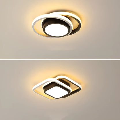 Modern geometric aluminium ceiling light in round and square styles with LED illumination.