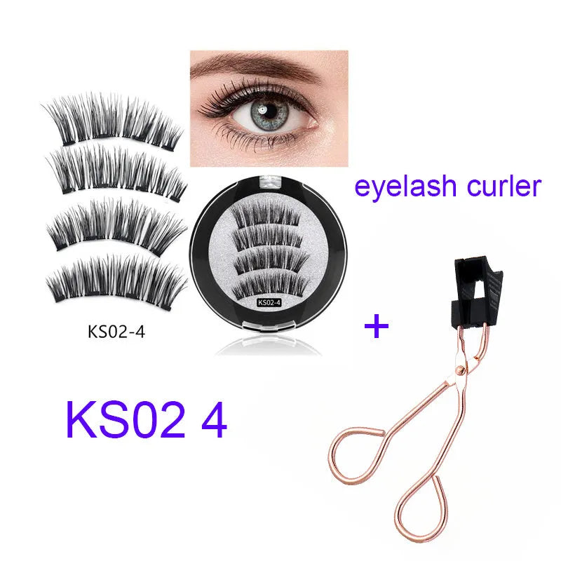 Four magnet false eyelashes in imported fibre with hand made construction and optional eyelash curler