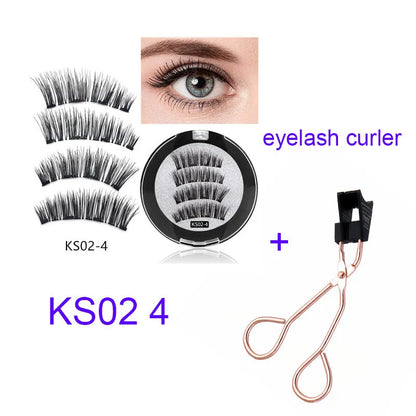 Four magnet false eyelashes in imported fibre with hand made construction and optional eyelash curler