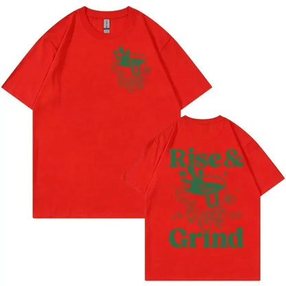 Men's loose grey linen t-shirt with a printed green coffee cartoon and 'Rise and Grind' text.