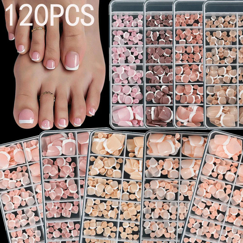 120-piece French White Edge Feet Nude Full Square Short High-grade Toe Nail Pieces: 9 natural shades for a seamless manicure, designed for easy application and a professional finish without salon visits.