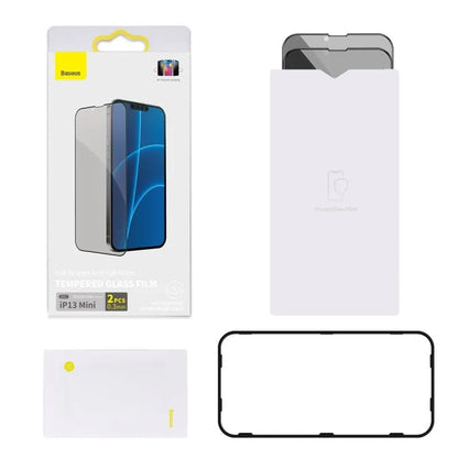 Full screen privacy tempered glass film for iPhone 5.4 inch 2021 model in black, HD front film with fitting tools