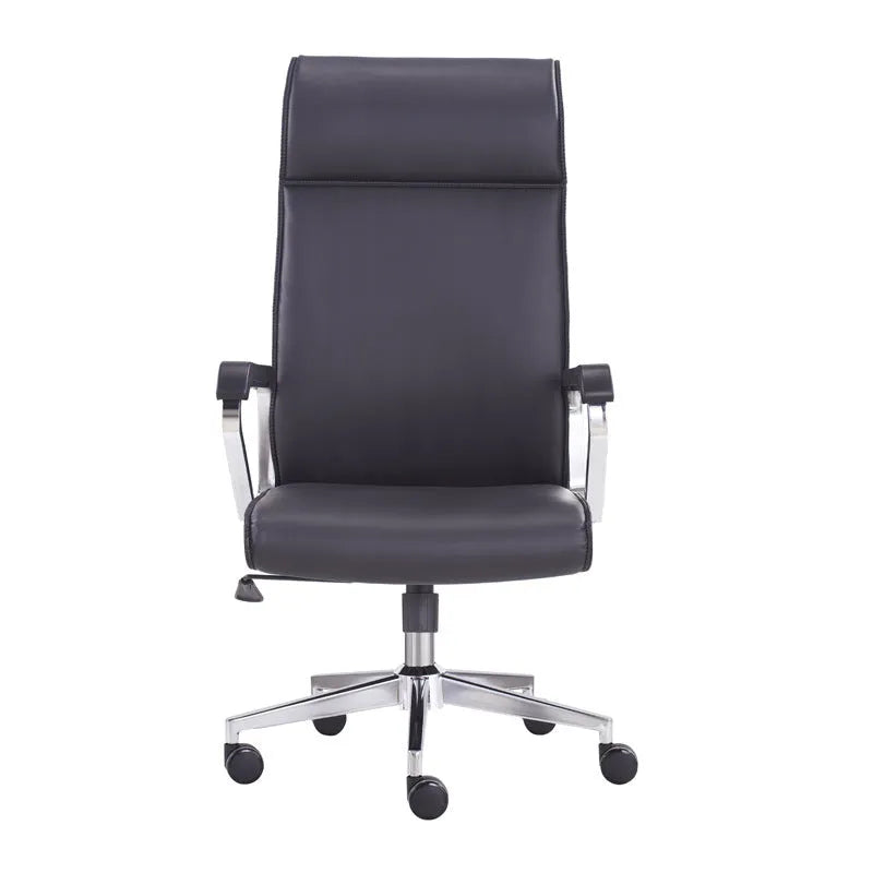 Simple Office Chair Computer Chair Home Study Swivel Chair with Armrests Black Leather Upholstery Metal Frame 70cm Backrest Height Modern Design