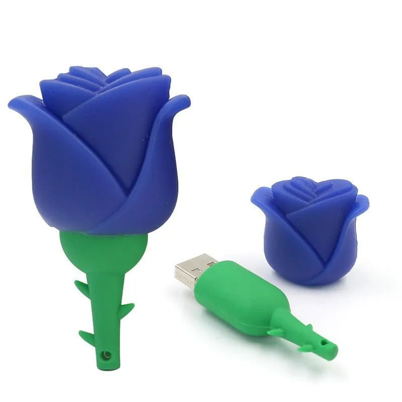 Cartoon Rose Shape USB Flash Drive PVC Shell USB2.0 4GB 8GB 16GB 32GB 64GB 128GB Creative Pen Drive in Blue Pink Purple Red Yellow for Data Storage and Gift