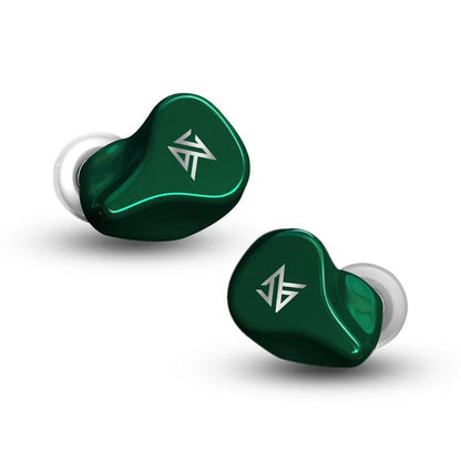 Z1 black and green true wireless Bluetooth in-ear headphones showing separate earpieces