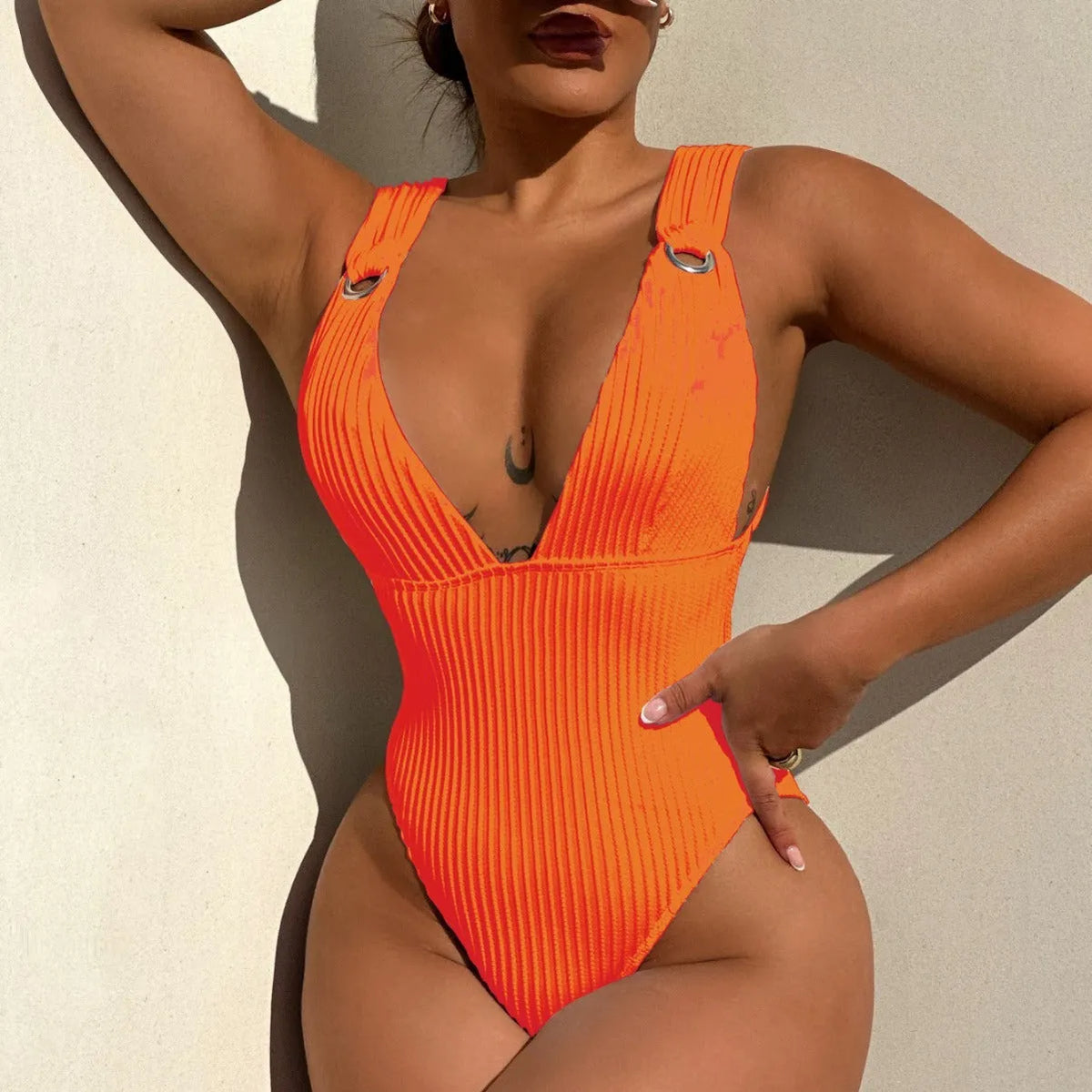 Women's solid colour one-piece swimsuit in black, white, green, or orange