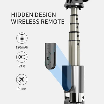 Black extendable iPhone tripod selfie stick with legs unfolded, shown at mid-height on a table.