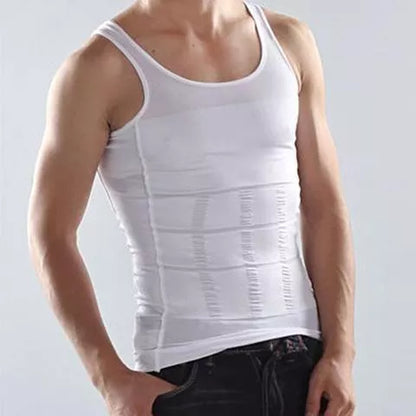 Men's tummy shaper vest in black or white, sizes M to XXL, for upper body contouring