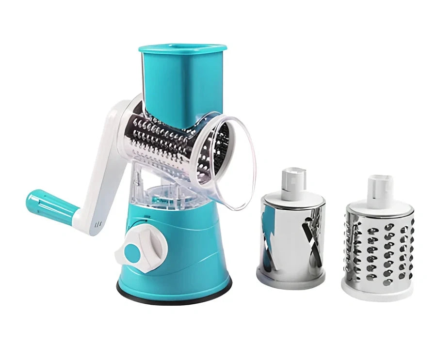 Hand drum rotary grater with stainless steel blades for vegetable preparation
