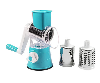 Hand drum rotary grater with stainless steel blades for vegetable preparation
