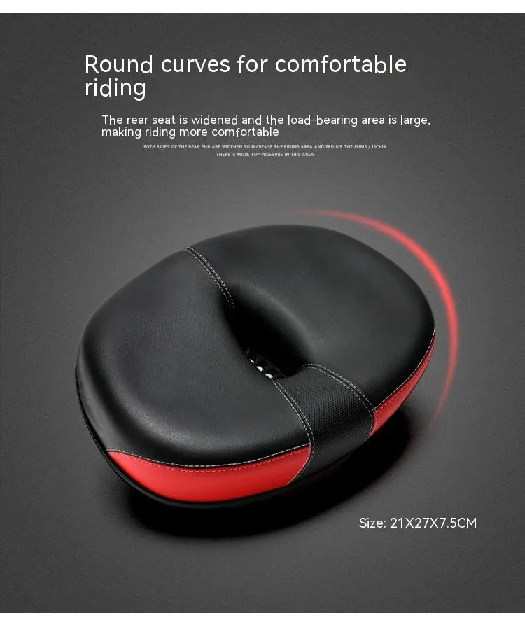Thickened red mountain bike saddle with reflective details and shock absorber.