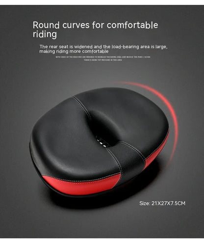 Thickened red mountain bike saddle with reflective details and shock absorber.