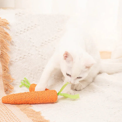 Set of four cat toys: ringing stones, paper carrots, batting sticks, and textured grinding sticks.