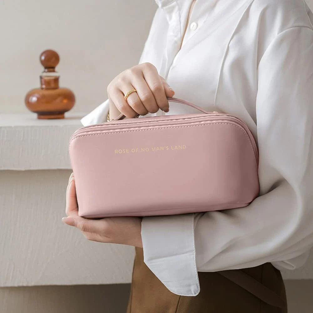 Premium PU leather cosmetic bag with large capacity, versatile storage, and water-resistant design for modern women on the go