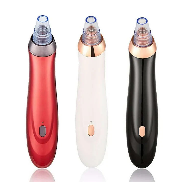 Electric blackhead remover device with five suction nozzle attachments, shown in black colour.