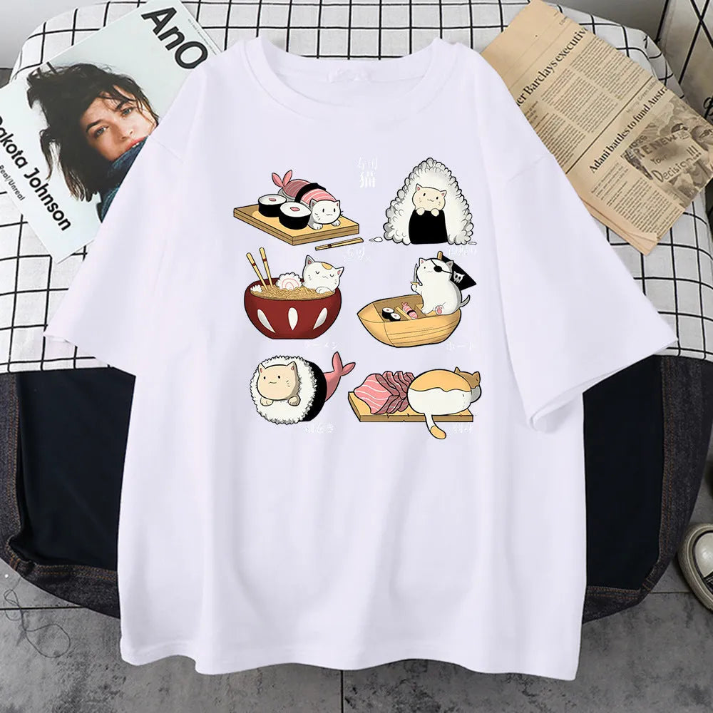 Man wearing a black loose-fit cotton t-shirt with a colourful cute cat sushi cartoon print on the front.
