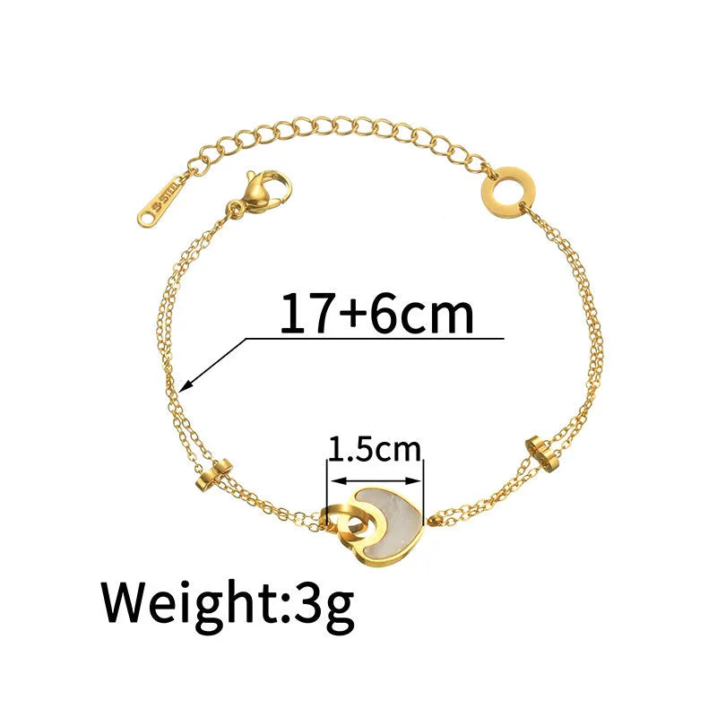 Women's stainless steel bracelet with double-layered heart design and resin accents, showing adjustable clasp and electroplated finish
