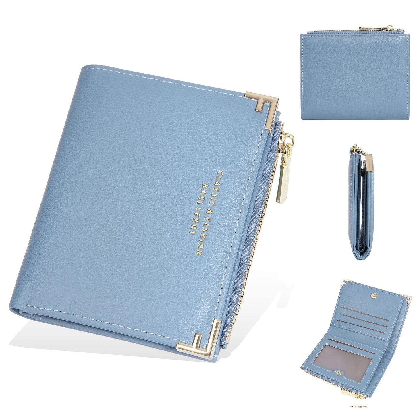 Compact women's wallet showing card slots and zipper coin purse in PU leather