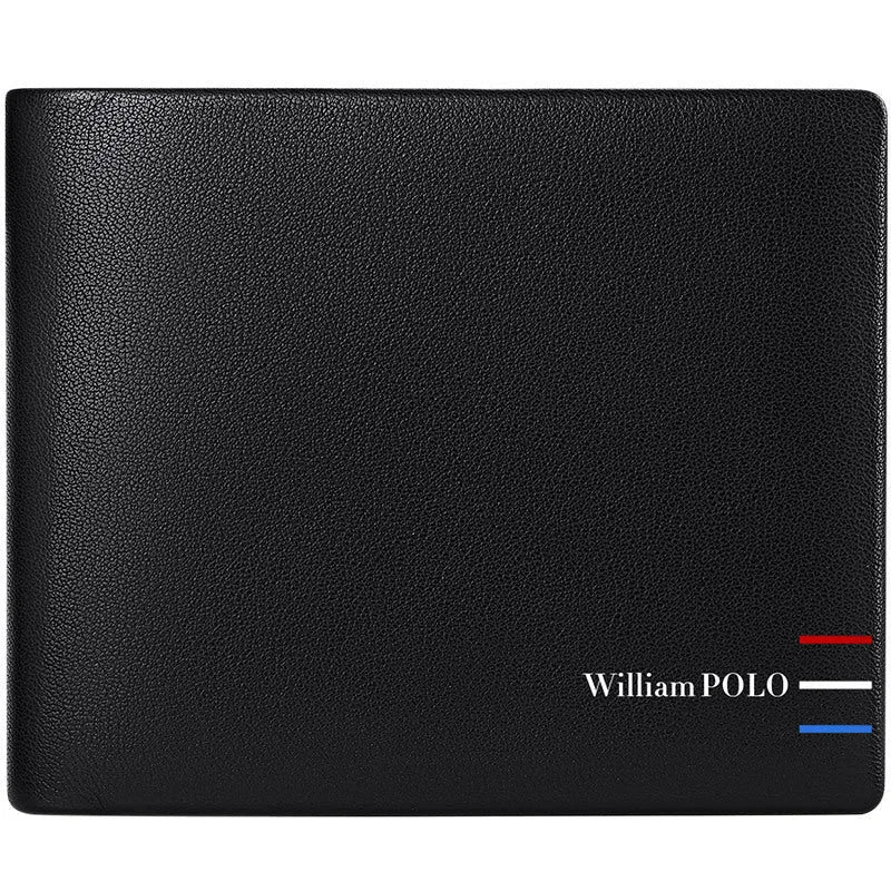 Men's cowhide leather wallet with letter pattern and anti-theft card slot.