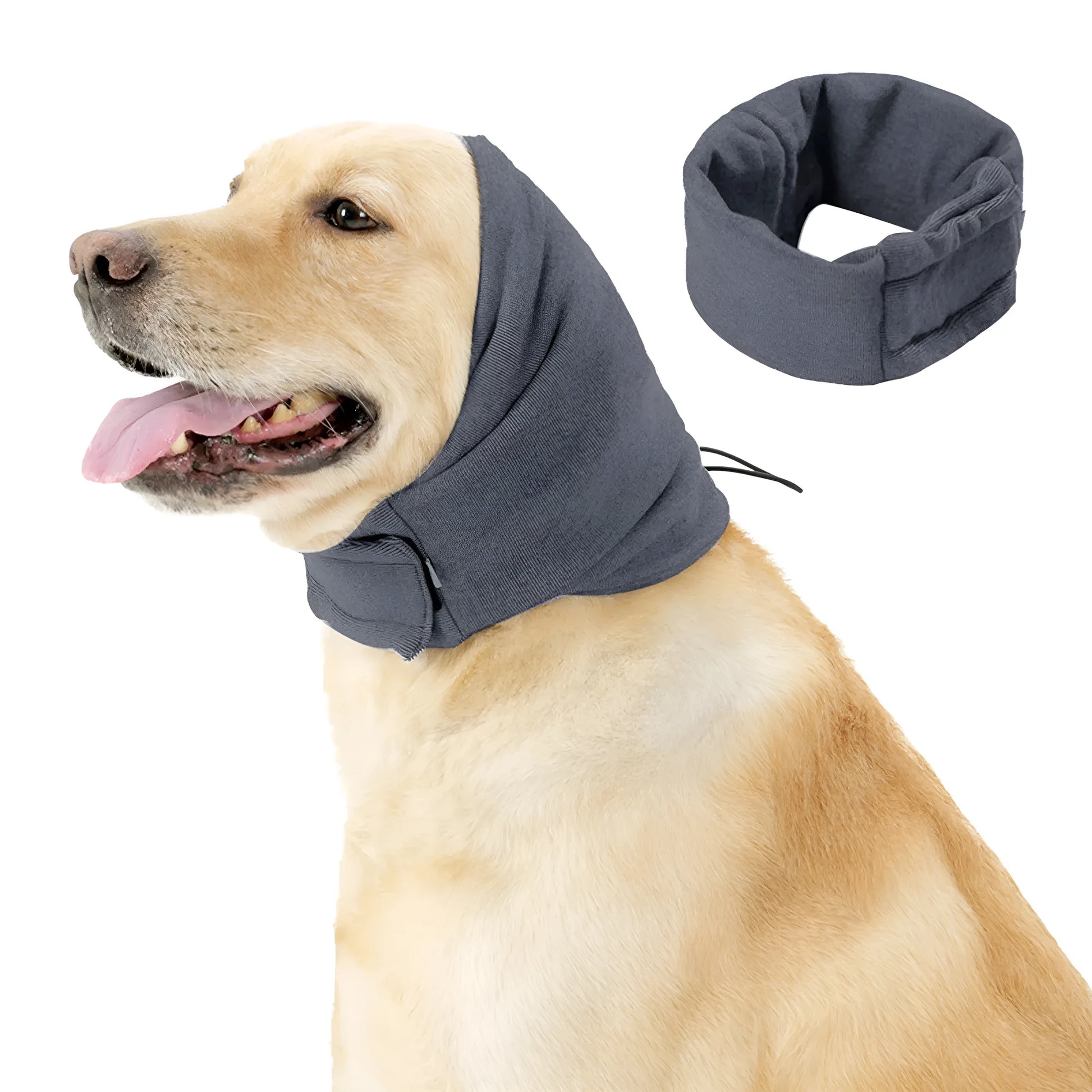 Soft polyester dog head cover for noise reduction and mealtime use in black or purple.