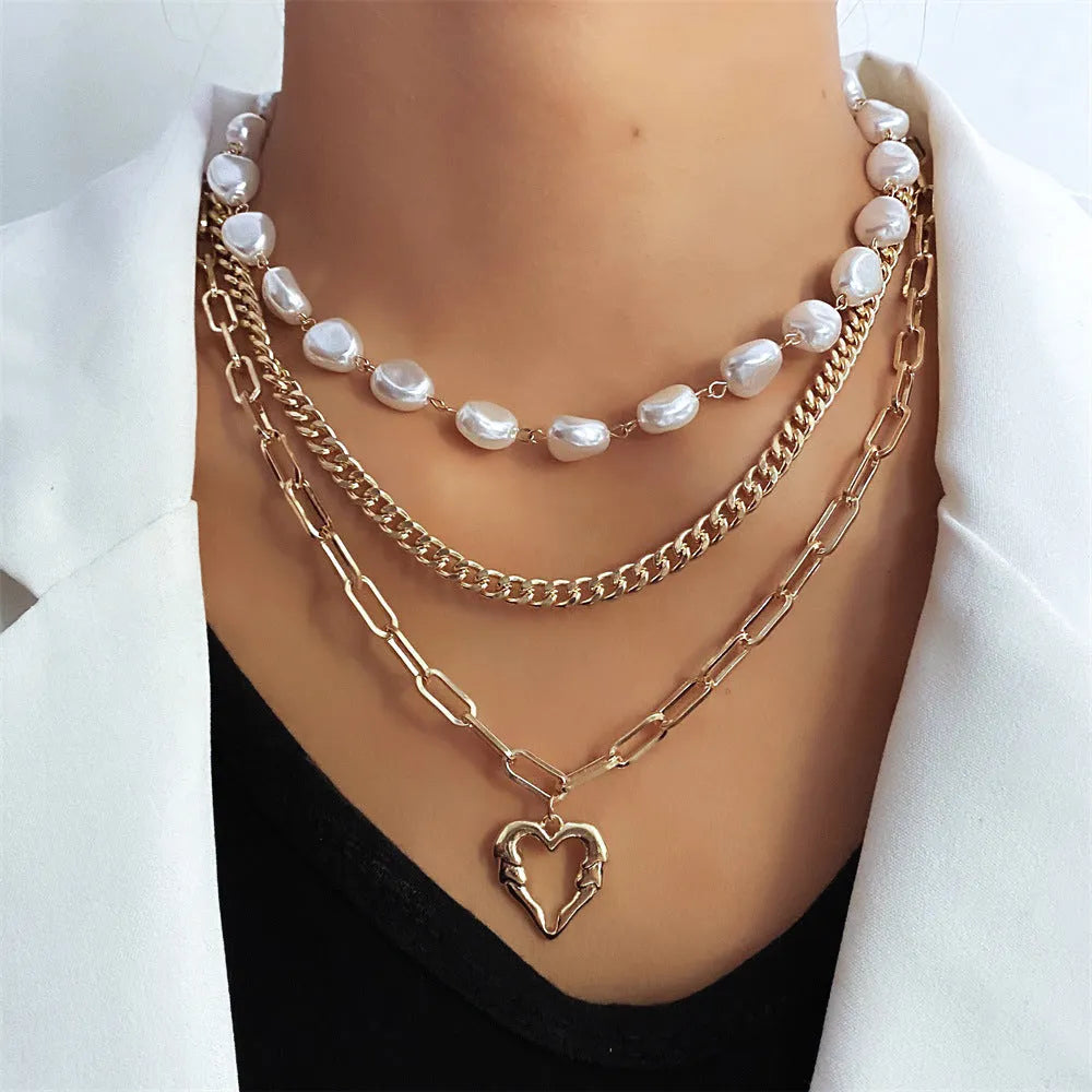 Vintage love heart pearl gold necklace with adjustable chain and electroplated pendant