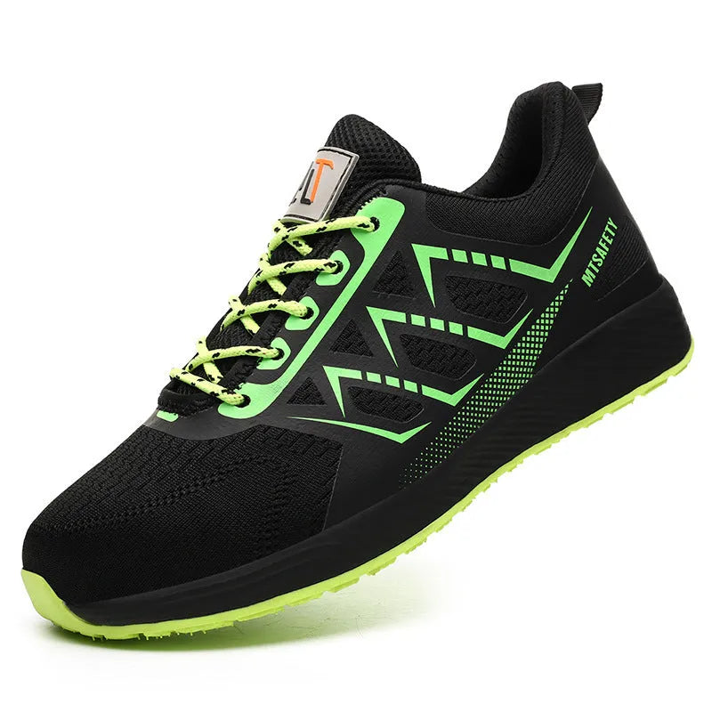 Black ultra-light labour protection shoes with steel toe cap and lace-up front closure