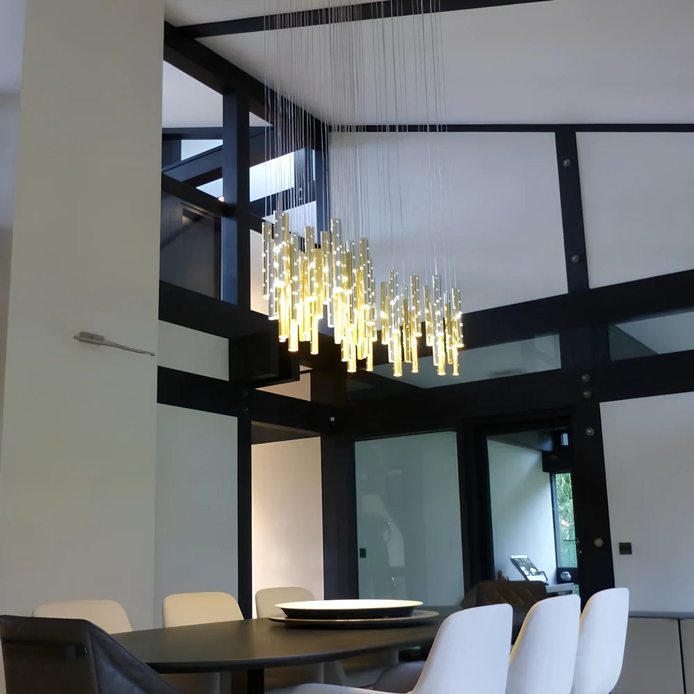 Carved hollow tube bar chandelier in gold and silver mix with 6 LED heads, 1.2m span aluminum alloy