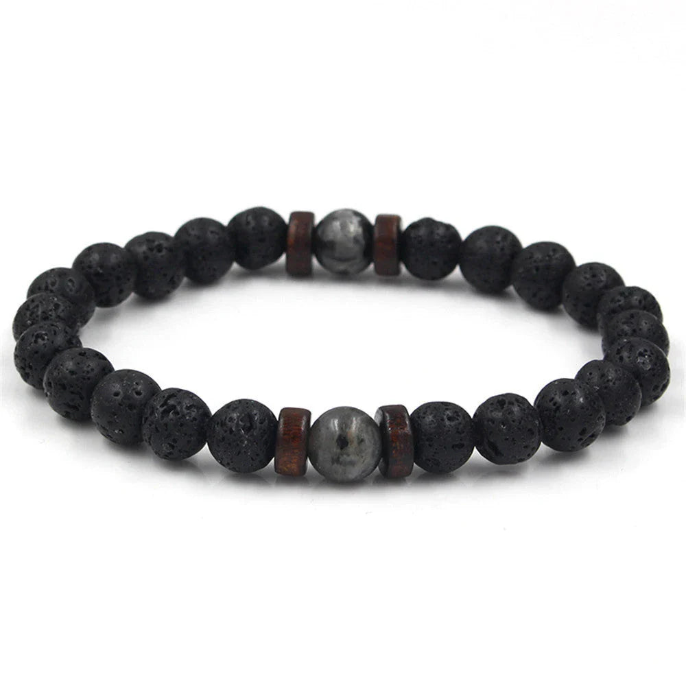 A stylish and durable men's bracelet made with volcanic stone, flash stone, and wood chips