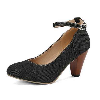 Women's blue denim platform heels with buckle closure and waterproof sole