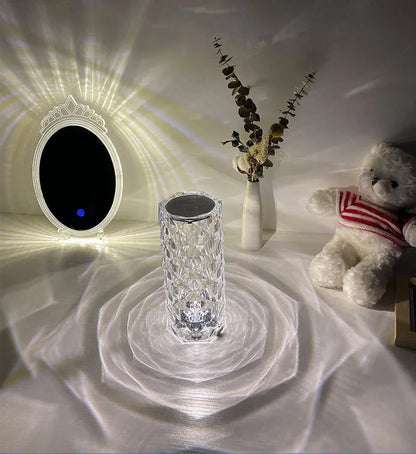 LED rose diamond table lamp with touch switch and three-colour light modes on a wooden table