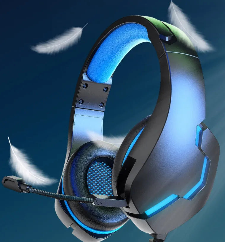 J10 3.5mm wired gaming headset with mic, LED lights, soft PU earmuffs, and blue or red colour options
