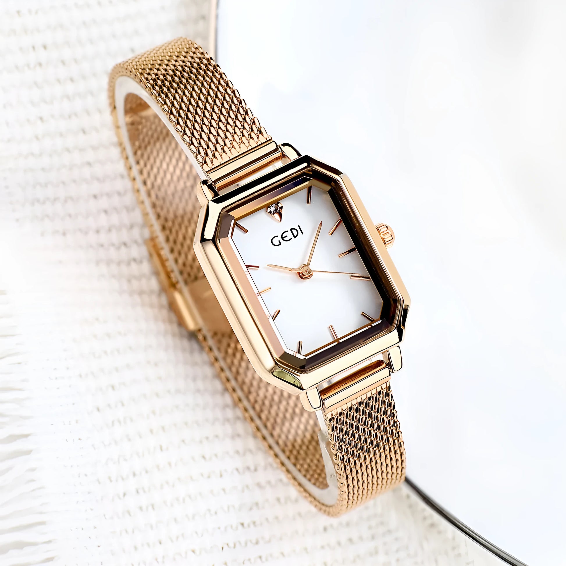 Women's square retro casual watch with rose gold shell case in various colour combinations