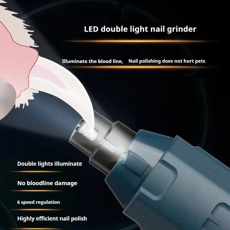 Dark blue pet nail grinder with LED light, 6-speed rotary knob, and USB charging port