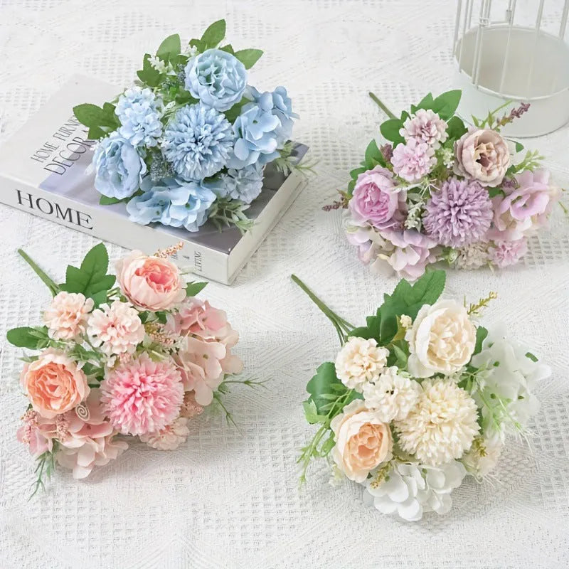 Combination artificial hydrangea flower arrangement in silk and plastic, shown in one of five available colours.