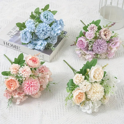 Combination artificial hydrangea flower arrangement in silk and plastic, shown in one of five available colours.