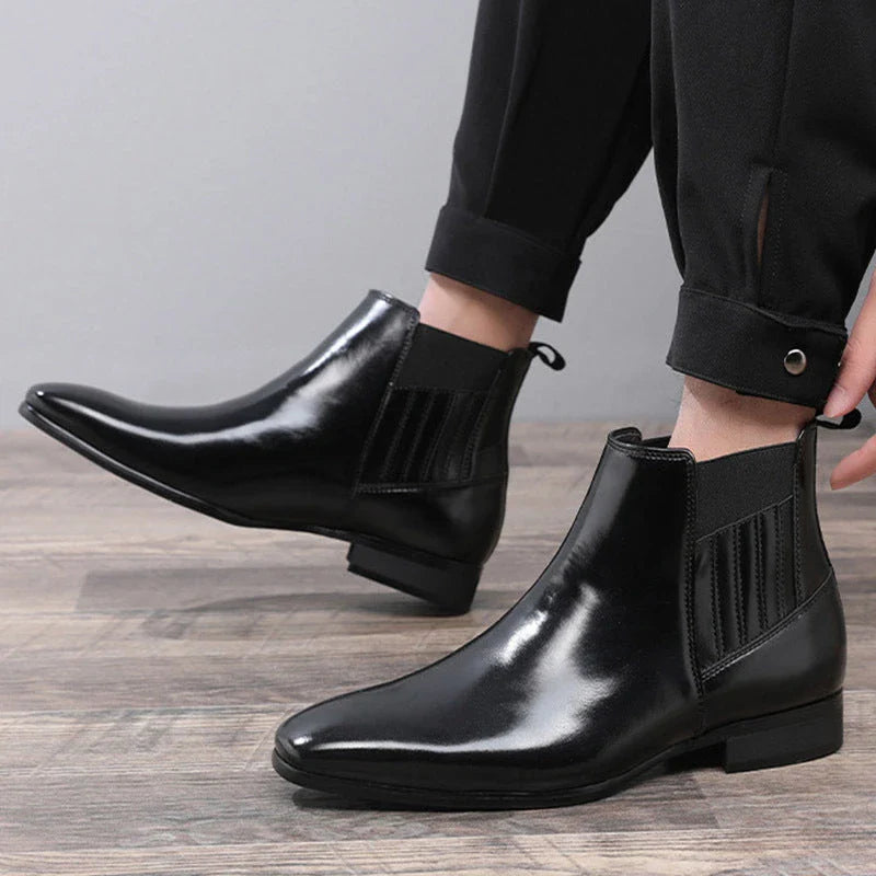 Sleek and sophisticated men's Chelsea boots with pointed toe and square heel design in black and brown colors