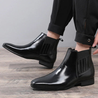 Sleek and sophisticated men's Chelsea boots with pointed toe and square heel design in black and brown colors
