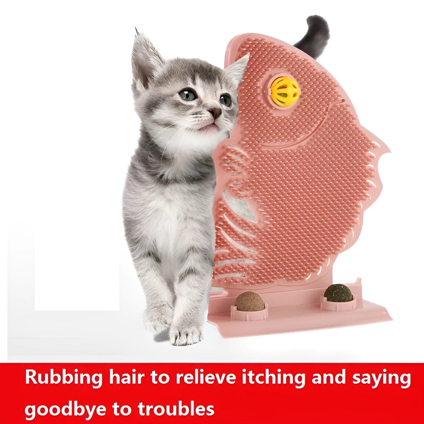 Blue plastic fish-shaped cat wall scratcher with grooming brush, catnip balls, and bell