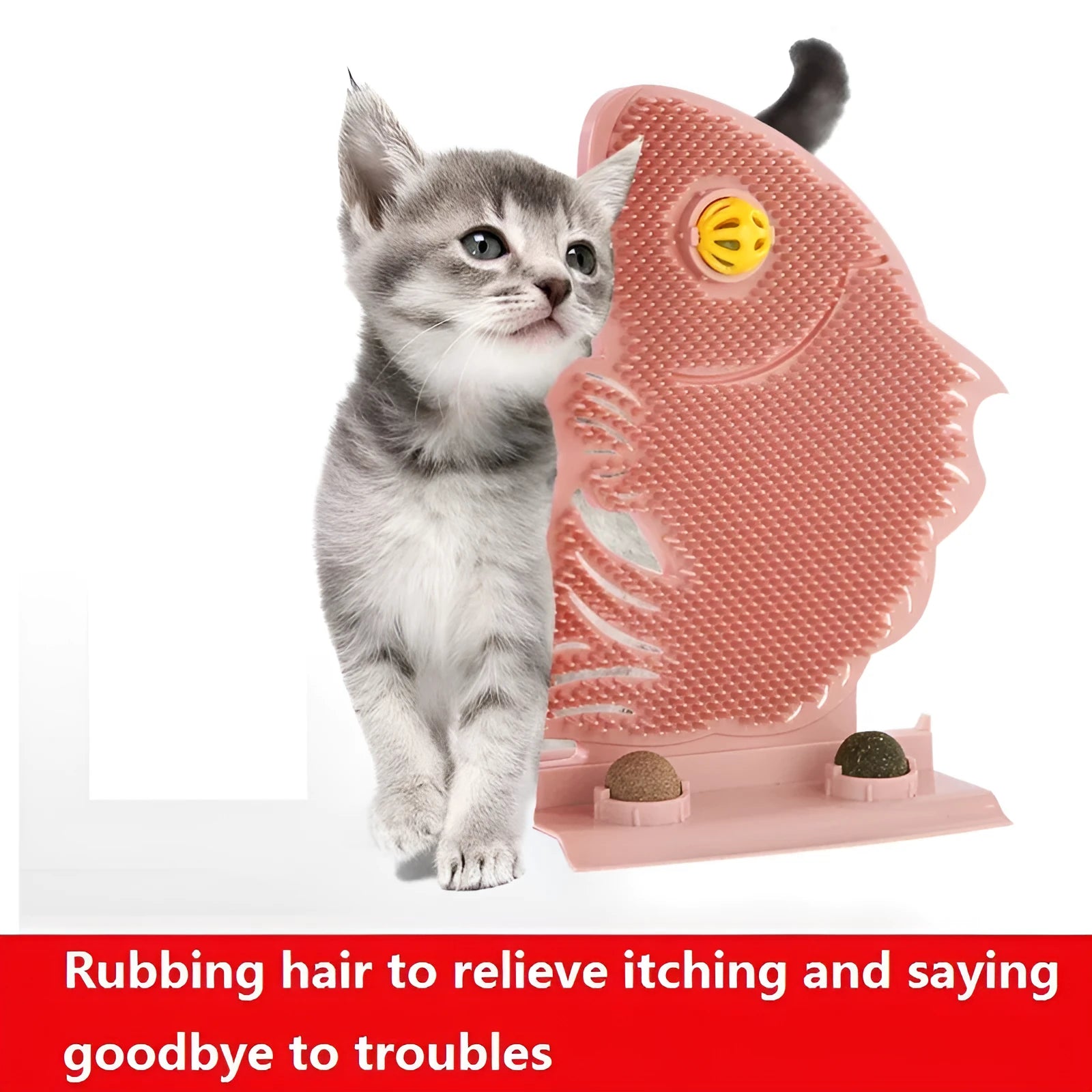 Blue plastic fish-shaped cat wall scratcher with grooming brush, catnip balls, and bell