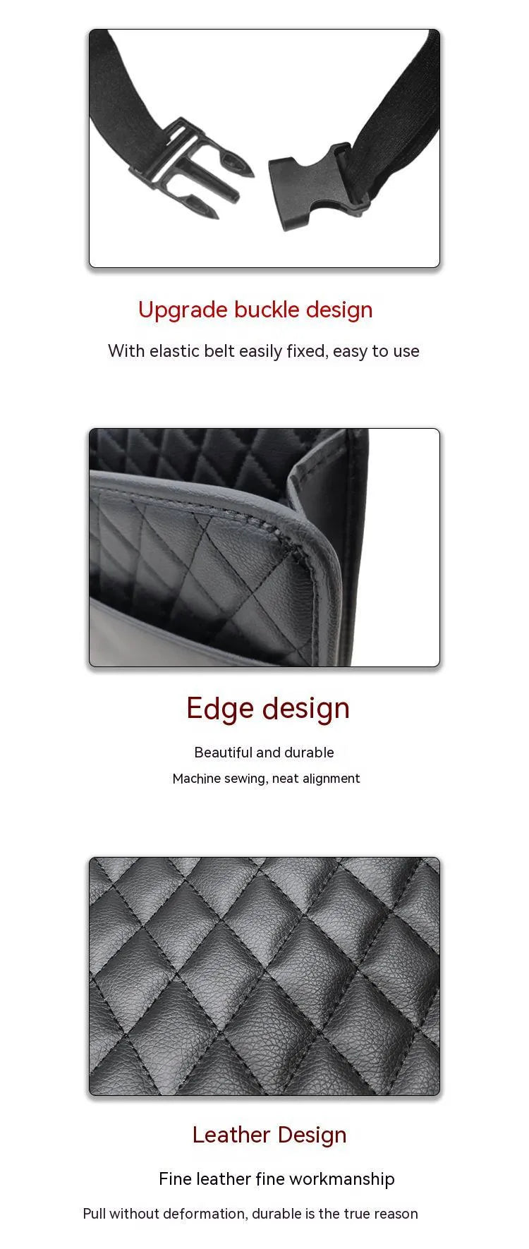 Black leather hanging storage bag for car interior organisation and trash.