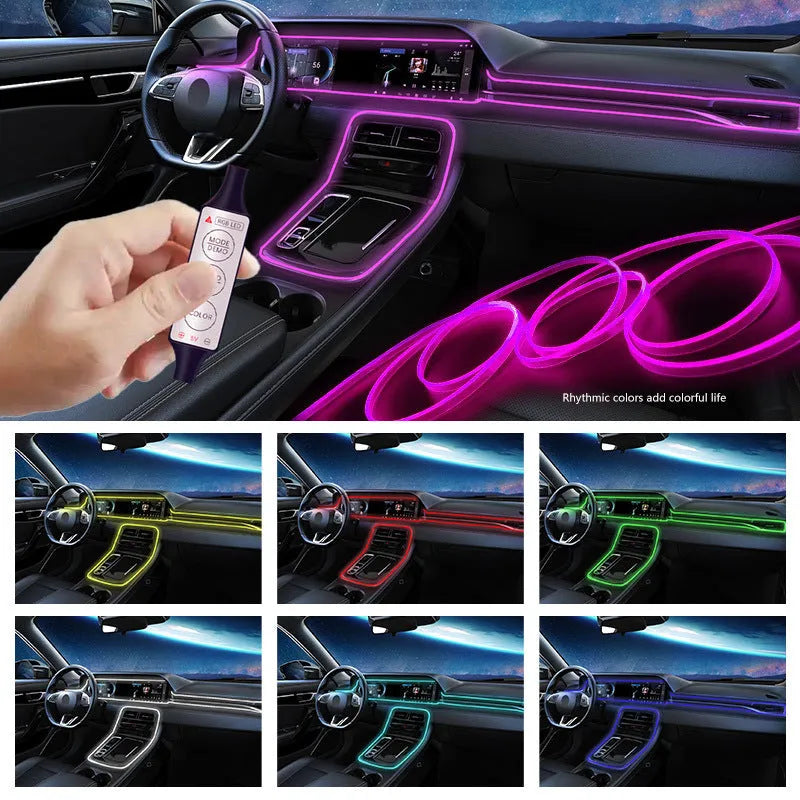USB-powered RGB LED light strip for car interior with manual controller and five length options.