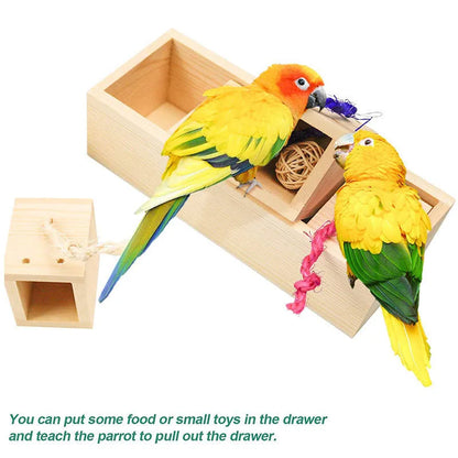Wooden parrot puzzle training toy set showing pieces from the 3, 6 and 8 piece configurations.