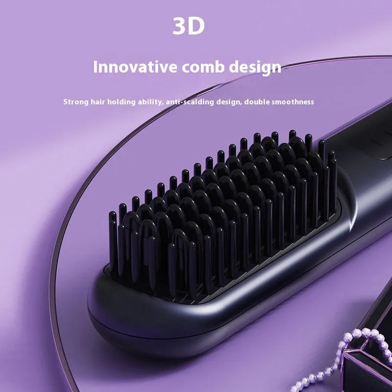 White portable negative ion hair comb showing USB charging port and adjustable length mechanism from 15cm to 20cm