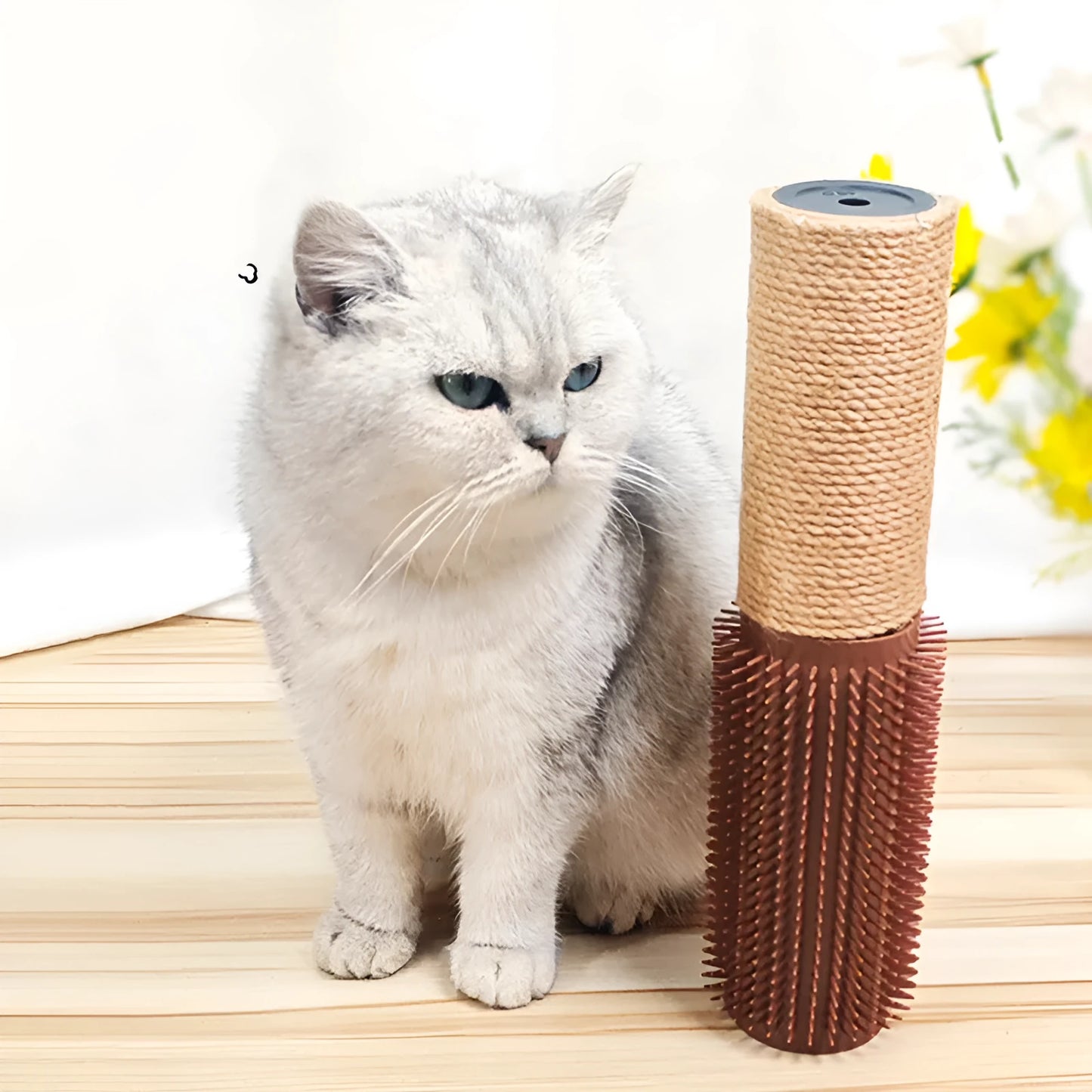 A brown sisal scratching post for cats, 30cm tall with a square base.
