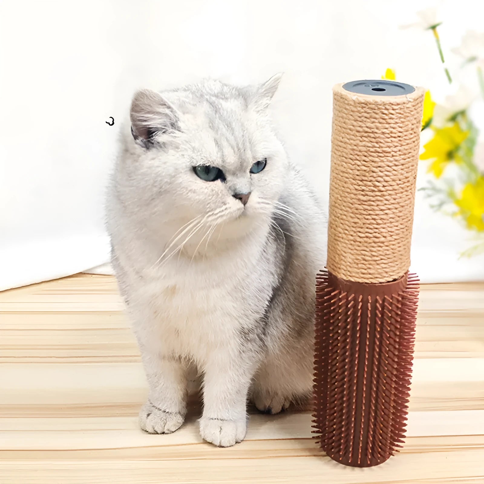A brown sisal scratching post for cats, 30cm tall with a square base.